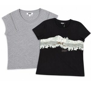 DKNY Womens T-Shirt 2pc Bundle Black Graphic Tee & Gray Zipper Muscle T-shirt Lg